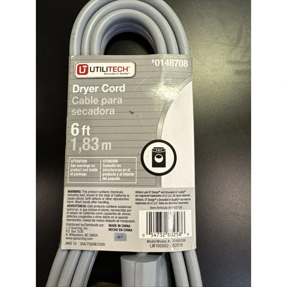UTILITECH #0148708 6-FT 3-PRONG GRAY DRYER APPLIANCE POWER‎ CORD 30AMP [AH] - Picture 4 of 4